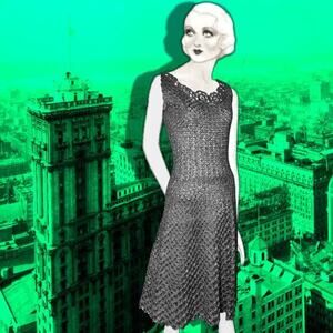 Vintage Sheer 1950s Raffia Hand Crochet Black Ribbon Cocktail Dress Whimsy Goth